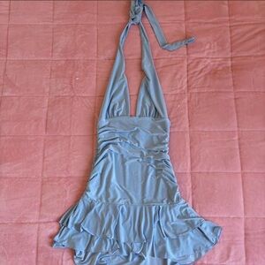 Halter Neck Mini Dress in Light Blue with Ruffle Hem